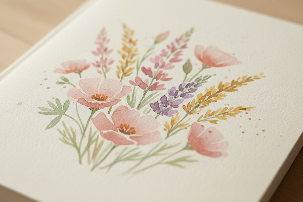 Close-up detail of watercolor wildflower illustration on notebook cover showing brushstroke texture