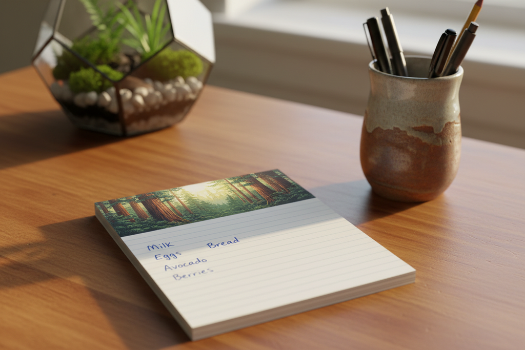 Wildland Notepad Block on a warm wooden home desk beside a ceramic pen cup and small terrarium with a handwritten grocery list on the top sheet