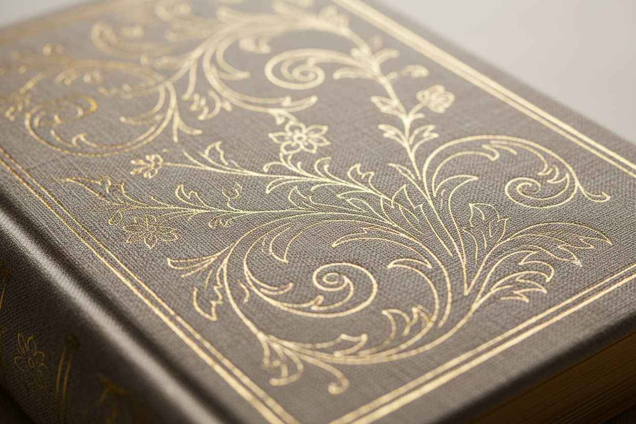 Close-up detail of the debossed linen cover texture with gold foil stamped botanical art showing the interplay of deboss depth and foil shimmer against the natural linen weave