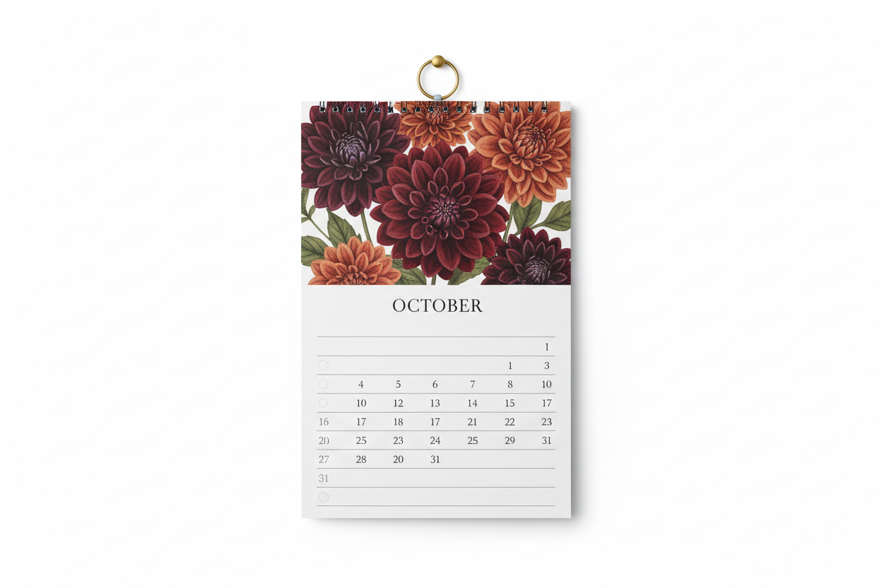 Perpetual Bloom Birthday Calendar – studio shot hanging open to the October dahlia page with wire-o binding and brass ring hanger visible