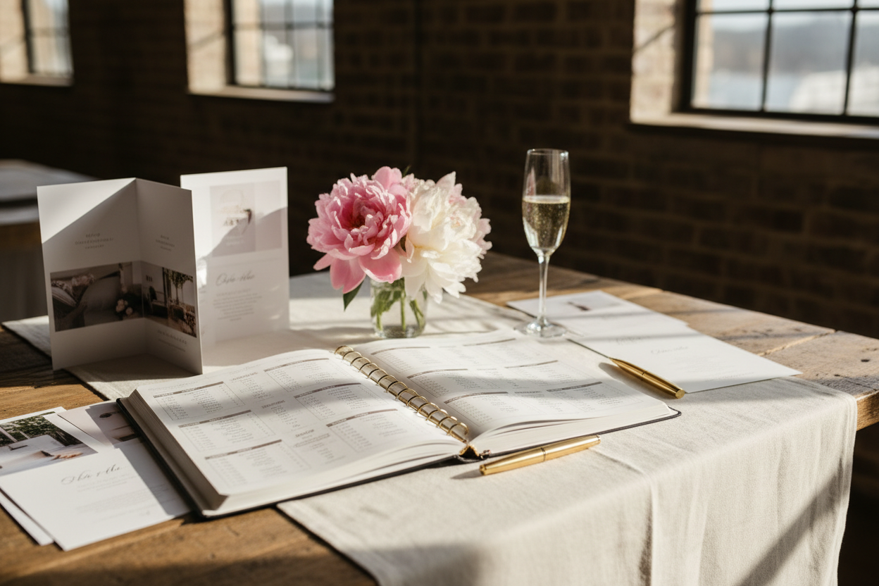 Heirloom Signature Wedding Planner open flat at the seating chart spread on a linen-tableclothed planning table surrounded by venue brochures, champagne, fresh peonies, and a gold pen