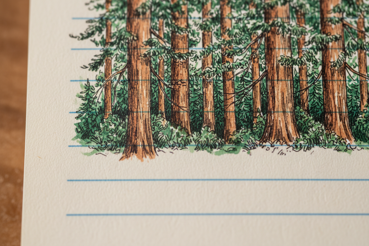 Close-up detail of the ink-drawn redwood forest illustration header on a single sheet emphasizing fine crosshatch detail and deep green and brown ink tones