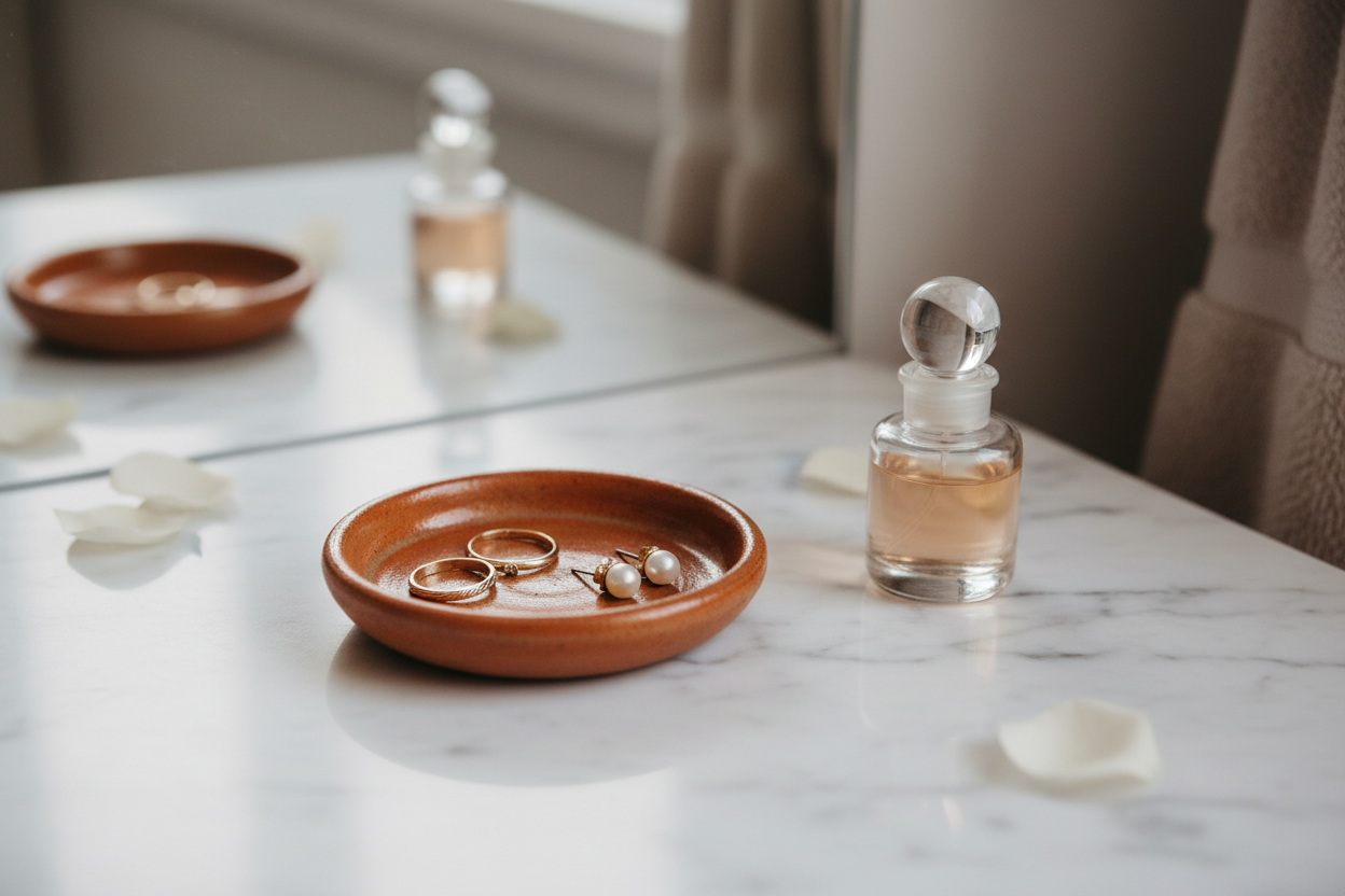 Terracotta Bloom Trinket Dish on a marble vanity top holding gold rings and pearl earrings beside a small glass perfume bottle
