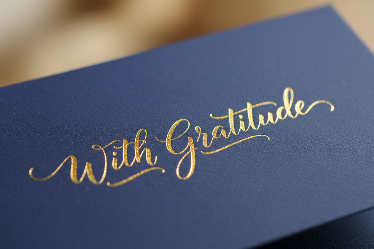 Close-up detail of soft-touch matte coating and hand-lettered gold sentiment on one notecard showing warm metallic ink against deep indigo ground