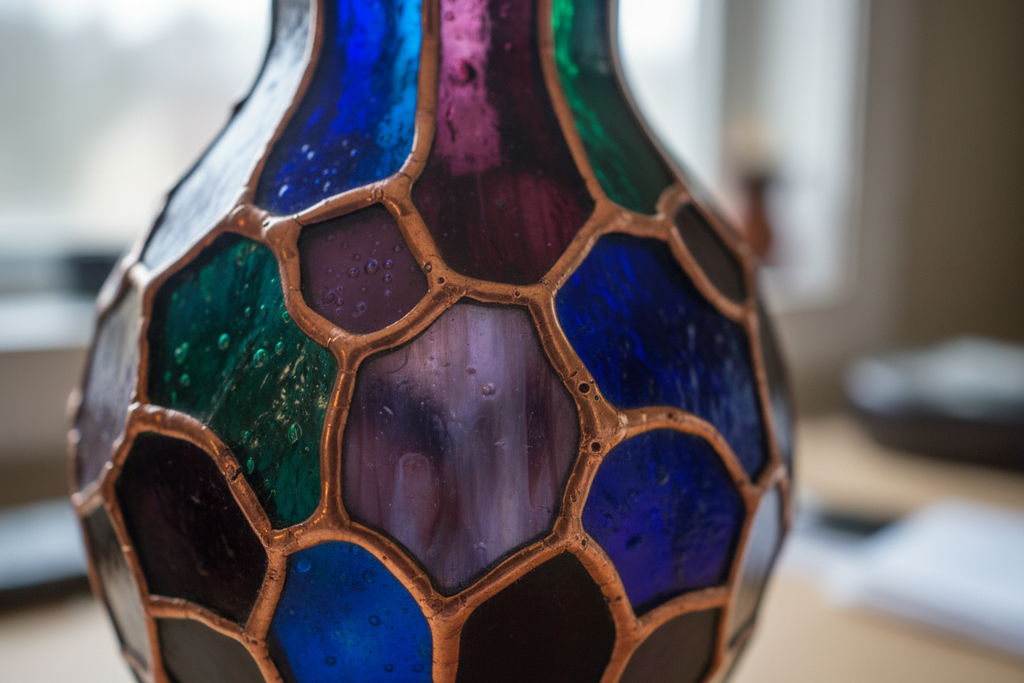 Close-up detail of the copper-foil solder seams between individual glass panels highlighting hand-assembled craftsmanship and jewel-toned glass color depth