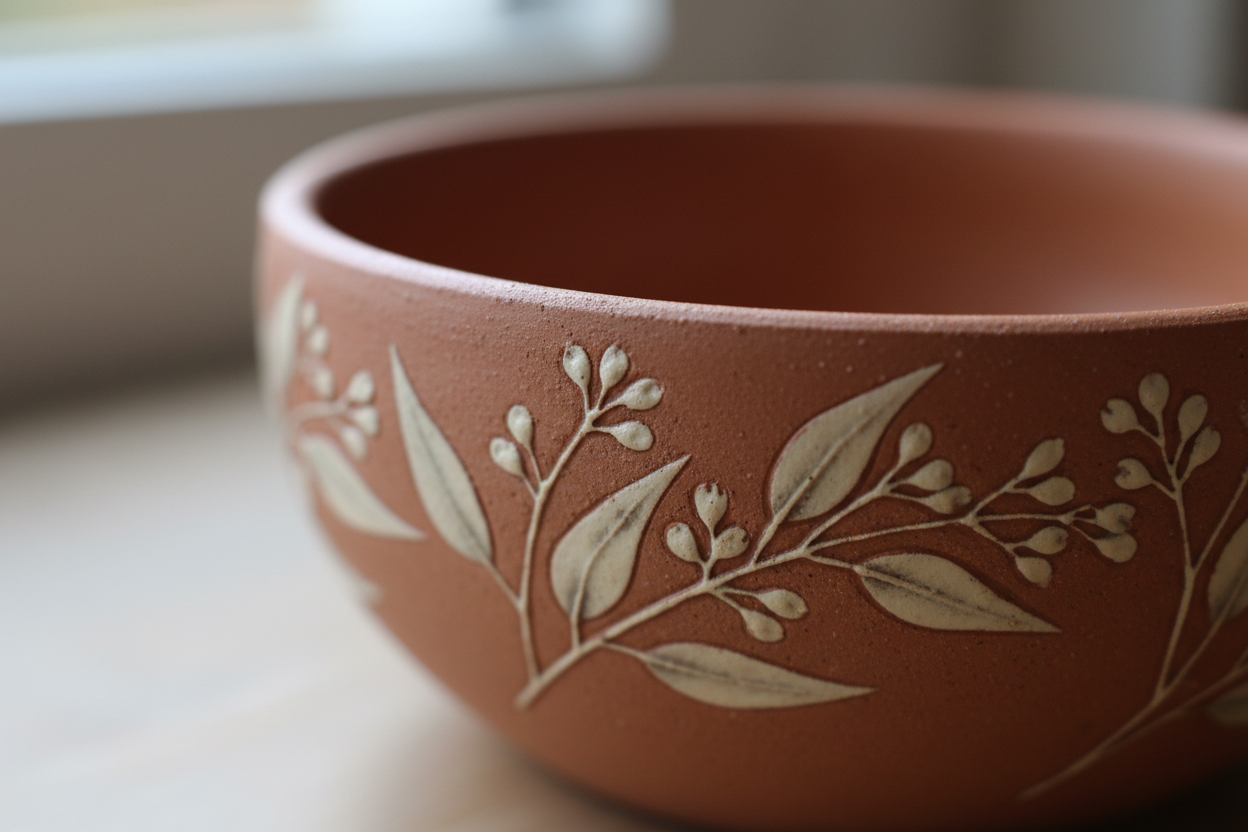 Close-up detail of wax-resist botanical motif along the inner rim of the trinket dish showing raised texture and terracotta-cream contrast