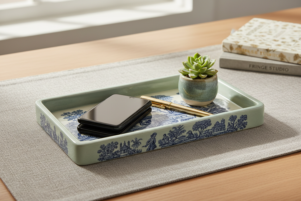 Toile du Jardin Desk Tray on a styled home office desktop holding a phone, gold pen, and ceramic succulent pot