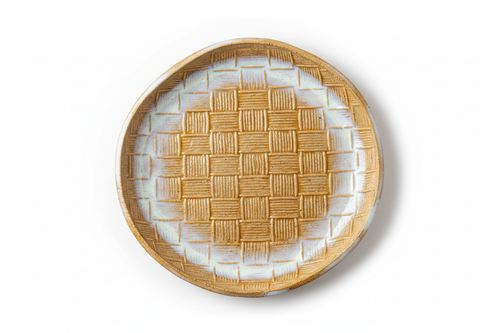 Artisan Round Tray — Hand-Textured Stoneware – overhead studio shot showing the complete hand-textured surface and reactive glaze