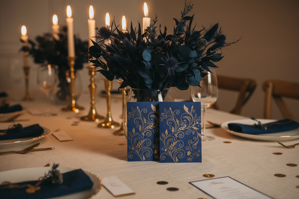 Two Indigo Garden notecards propped against a vase of indigo-dyed dried flowers on a linen-covered dining table with gold candlesticks