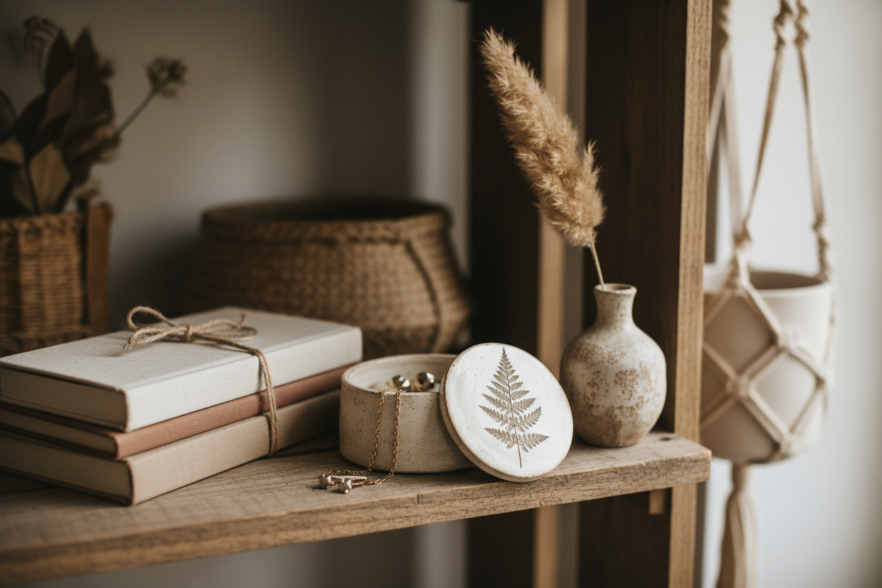 Dried Botanica Trinket Box on a boho-styled open shelf with linen books and dried pampas, lid removed to display gold bracelet and stud earrings