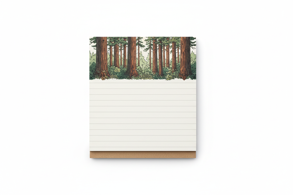 Wildland Notepad Block Square Desk Pad – overhead studio shot showing the square format and illustrated redwood forest header