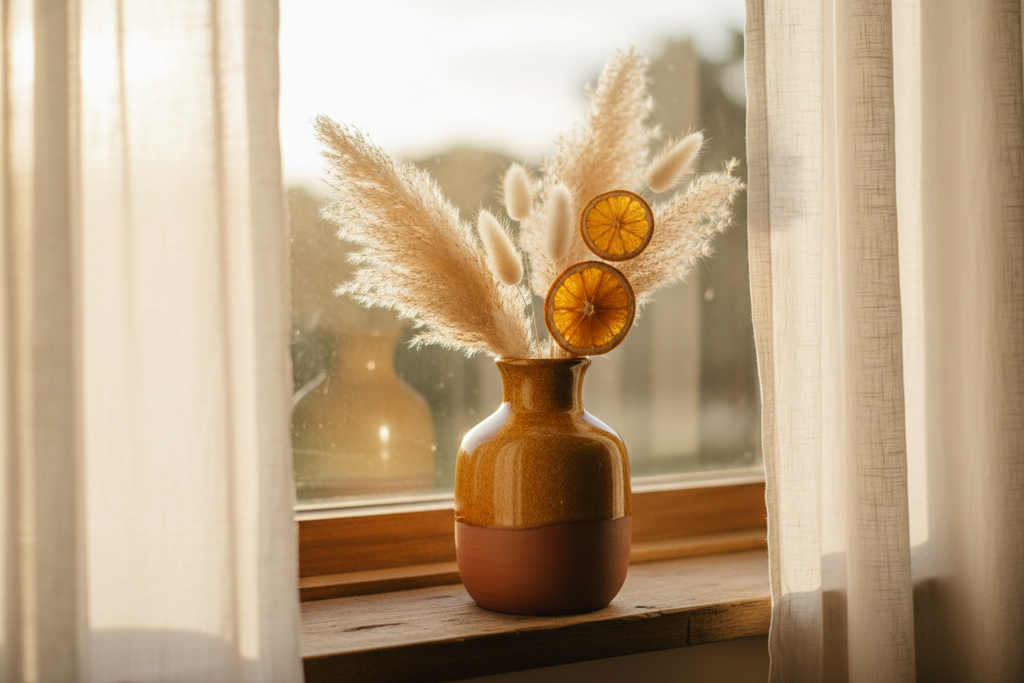 Sunset Coast Bud Vase holding dried pampas and dried orange slices on a sunlit windowsill with sheer linen curtains