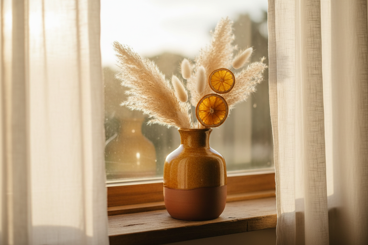Sunset Coast Bud Vase holding dried pampas and dried orange slices on a sunlit windowsill with sheer linen curtains