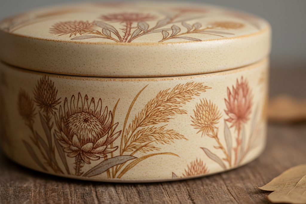 Close-up detail of the underglaze dried botanical illustration wrapping the box body showing rust and ochre pigment tones and fine drawn-line quality