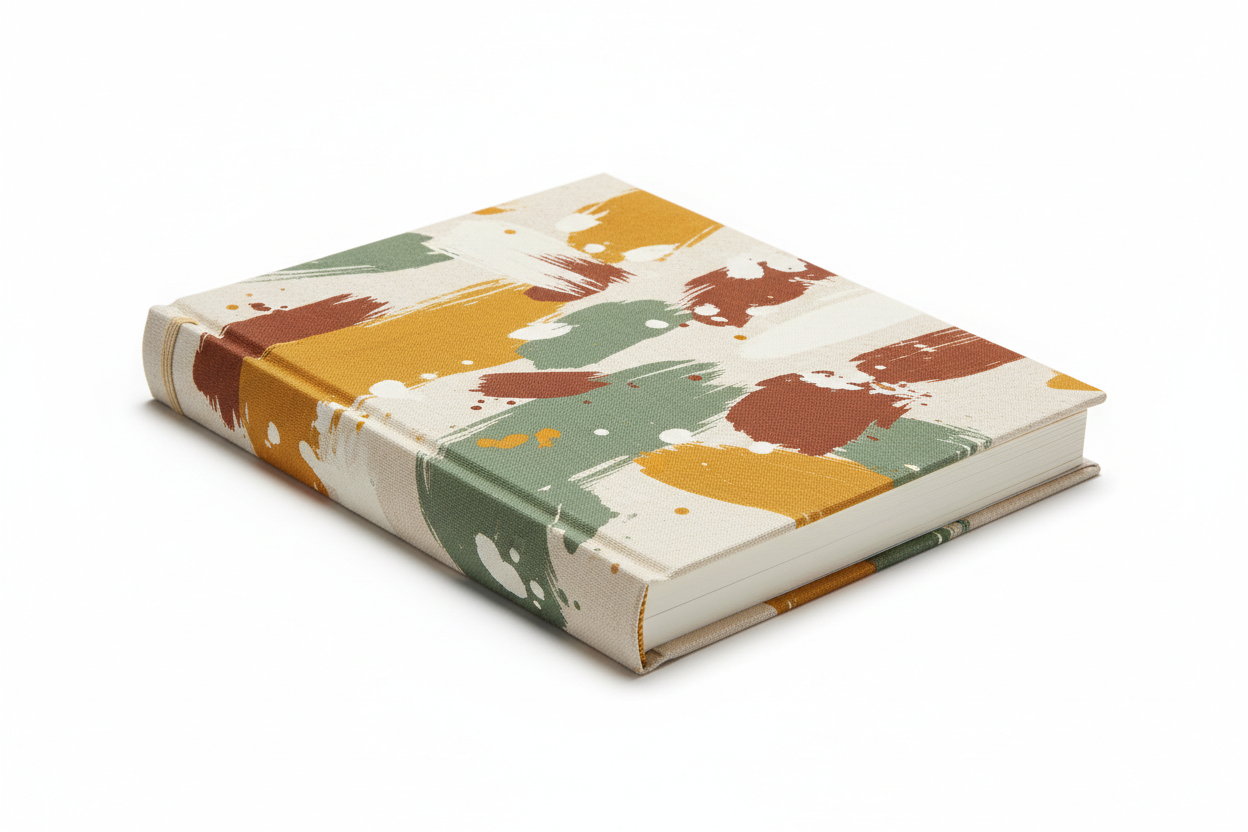 Studio Series Stone Paper Sketchbook – studio shot showing closed hardcover angled to display the linen-textured art wrap and sewn spine