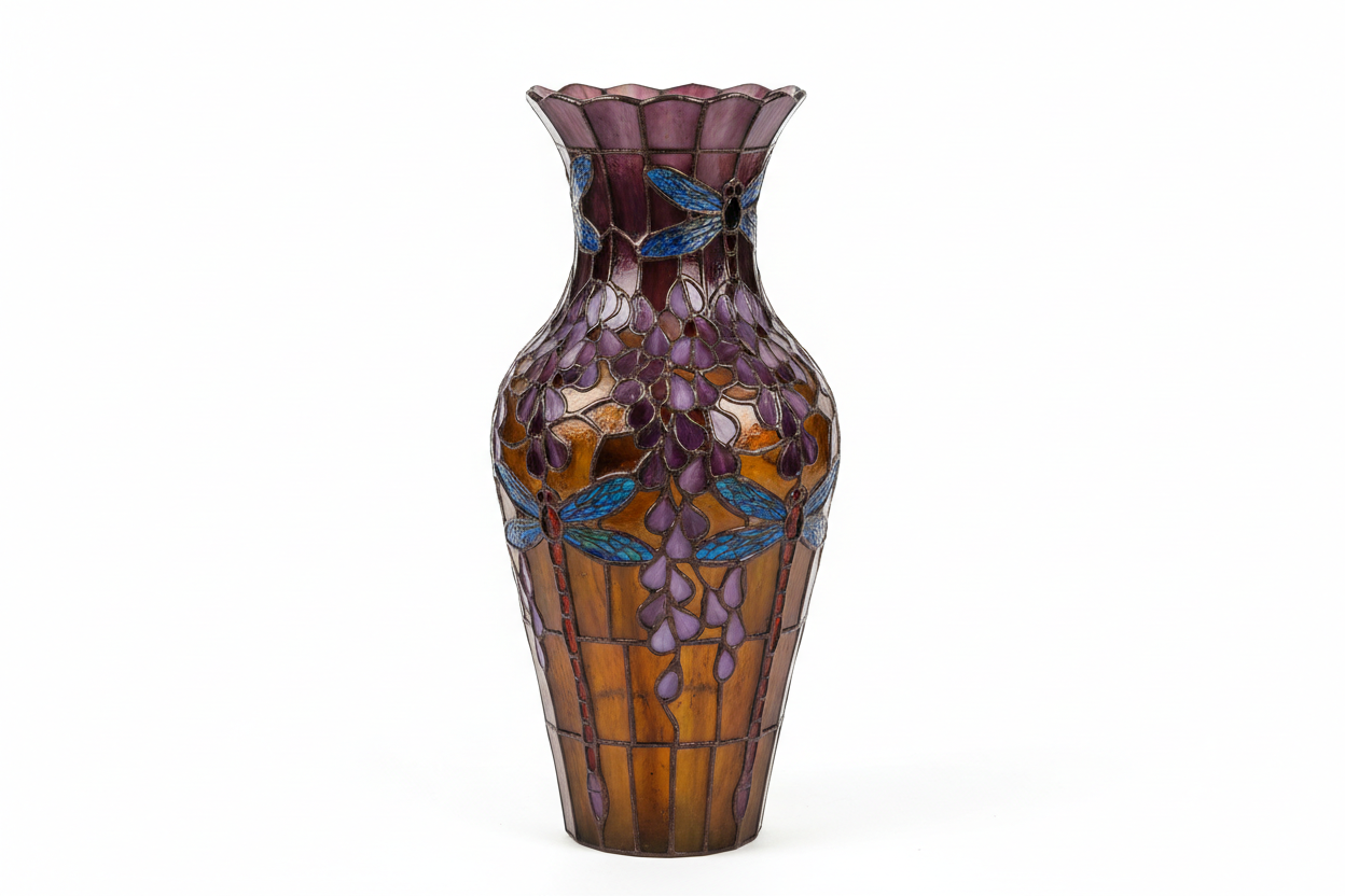 Tiffany Garden Glass Vase – studio shot from three-quarter angle showing all stained glass colors and copper solder lines