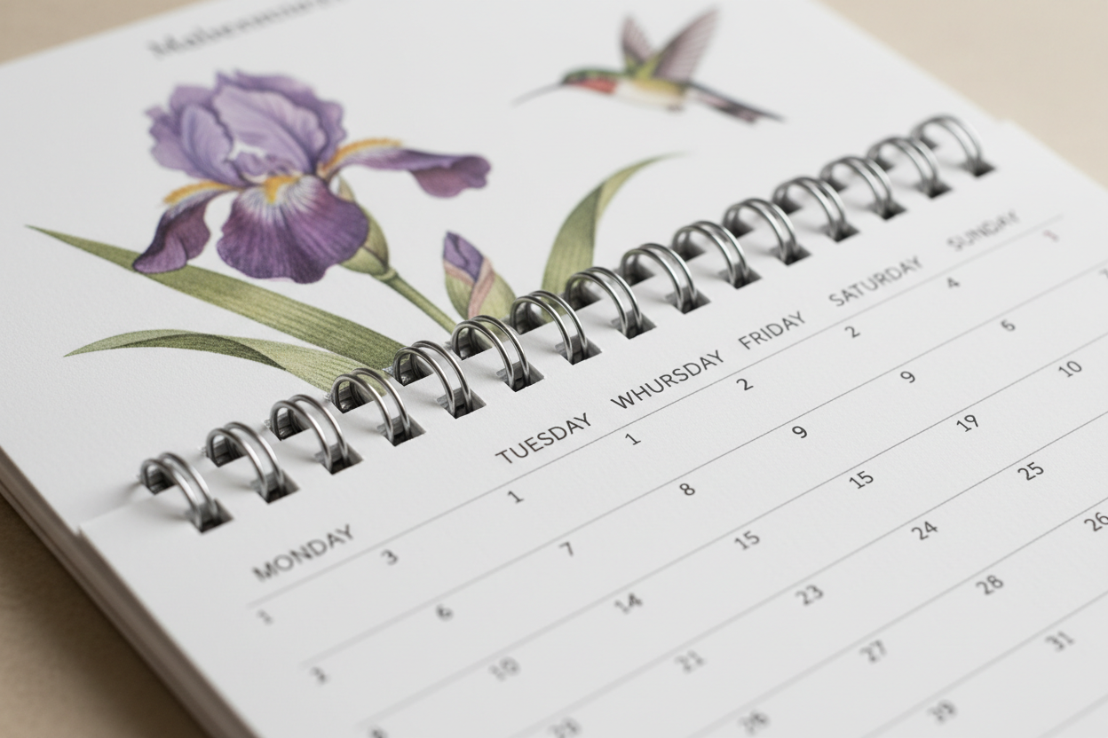 Close-up detail of the wire-o binding and printed ruled date lines on a monthly page showing clean typographic layout and botanical illustration quality