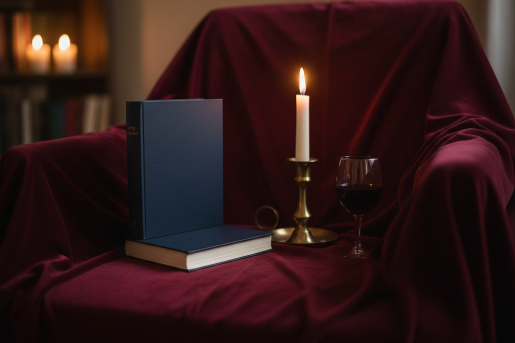 Celestial Slim Ruled Journal open on a velvet-draped reading chair beside a lit taper candle in a brass holder and a small glass of red wine