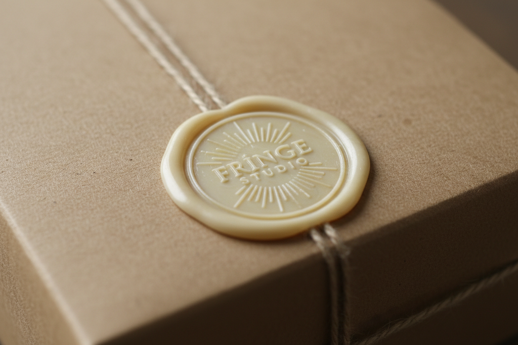 Close-up detail of the Fringe Studio branded wax seal sticker closure on the closed gift box showing the embossed brand mark in warm ivory wax against the kraft box exterior