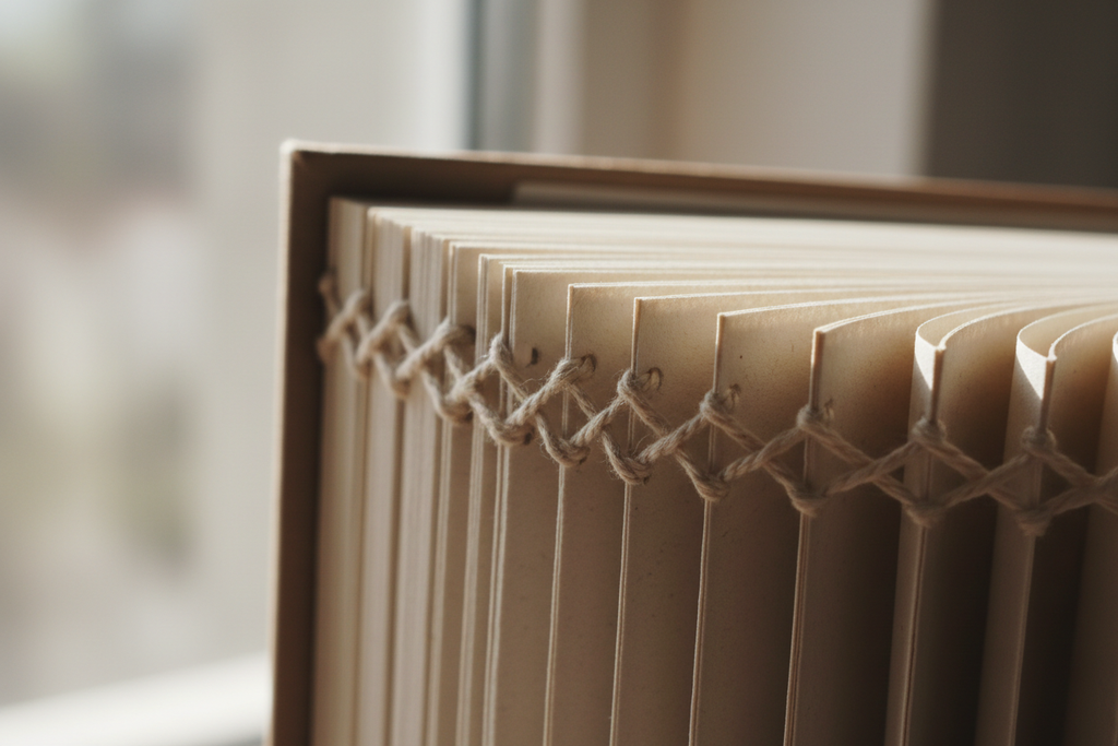 Close-up detail of the Smyth-sewn binding seen from the open spine showing thread stitching through signatures and the 160 gsm page thickness