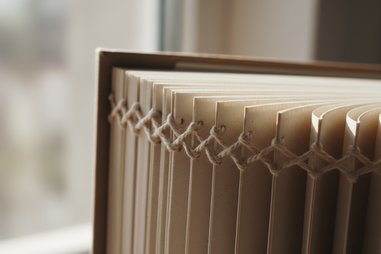 Close-up detail of the Smyth-sewn binding seen from the open spine showing thread stitching through signatures and the 160 gsm page thickness