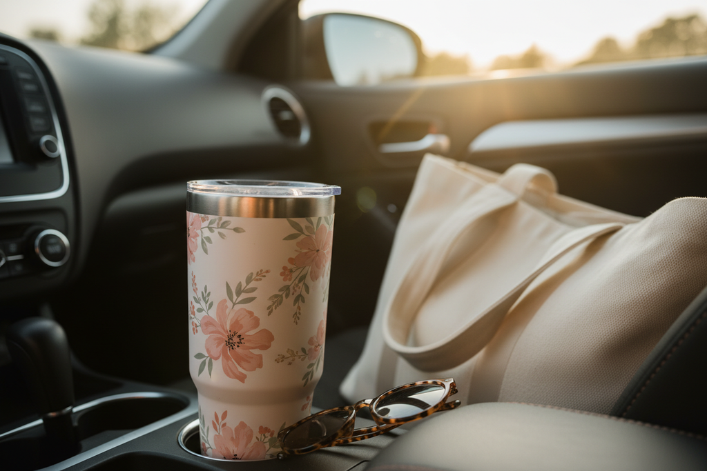 Morning Ritual Travel Tumbler in a car cup holder at golden hour with a canvas tote bag and sunglasses on the passenger seat