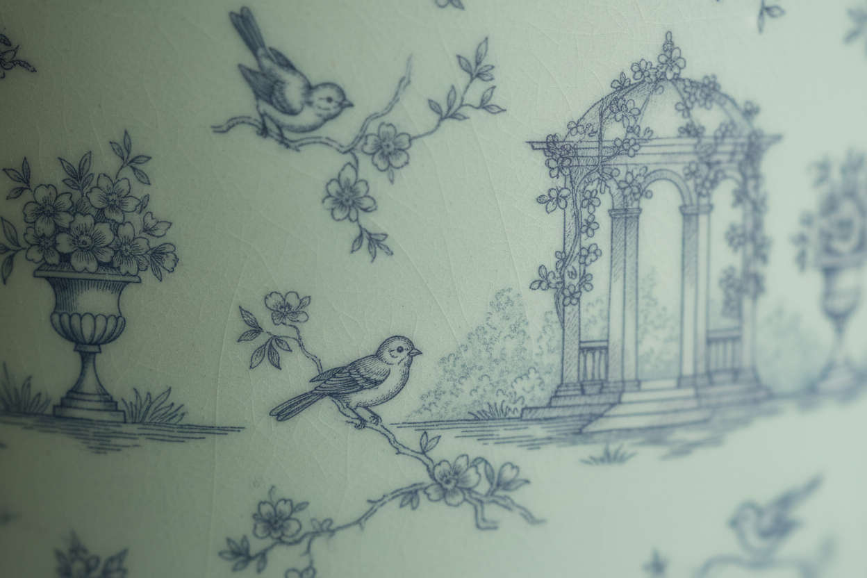 Close-up detail of the toile transfer print on the celadon glaze showing fine-detail garden scene motifs in slate-blue