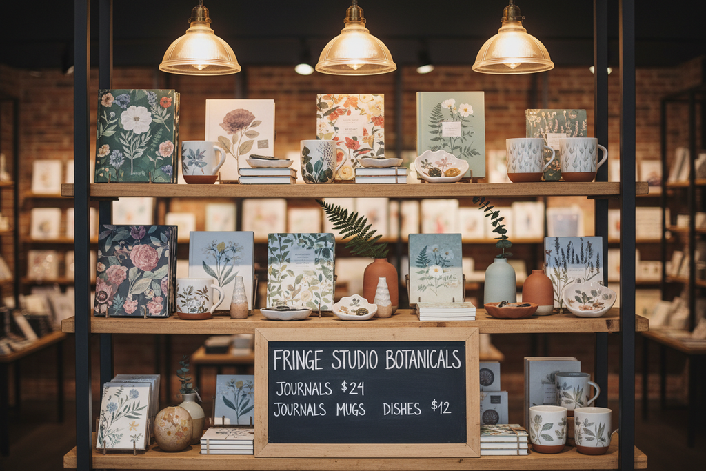 Full styled boutique display shelf built from the Wholesale Starter Collection in a real gift shop setting with warm pendant lighting and wooden shelving