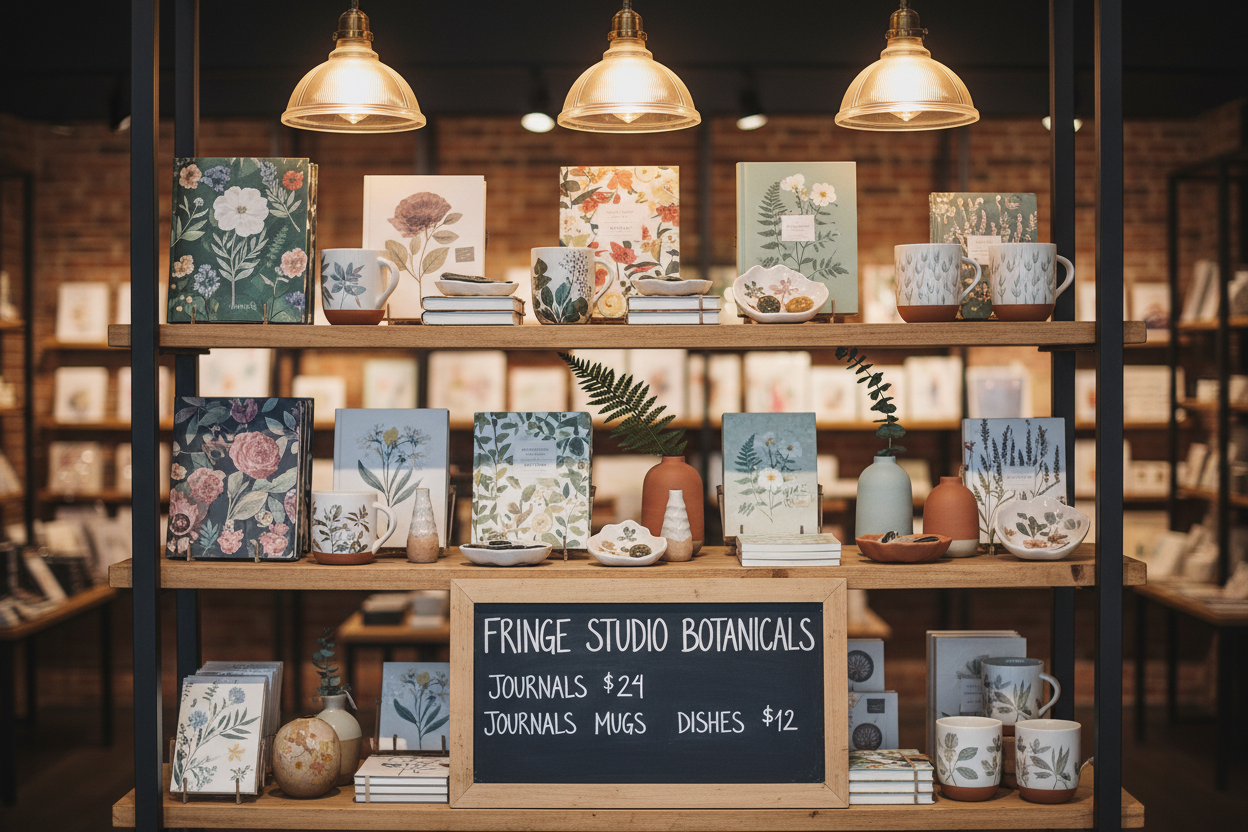 Full styled boutique display shelf built from the Wholesale Starter Collection in a real gift shop setting with warm pendant lighting and wooden shelving