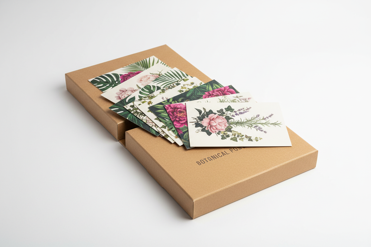 Painted Botanicals Art Box Postcard Set – studio shot showing lift-top kraft box open with postcards fanned artfully across the lid