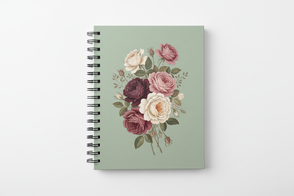 Vintage Rose Paperback Spiral Journal – studio shot showing closed journal with spiral binding and cover art on white background