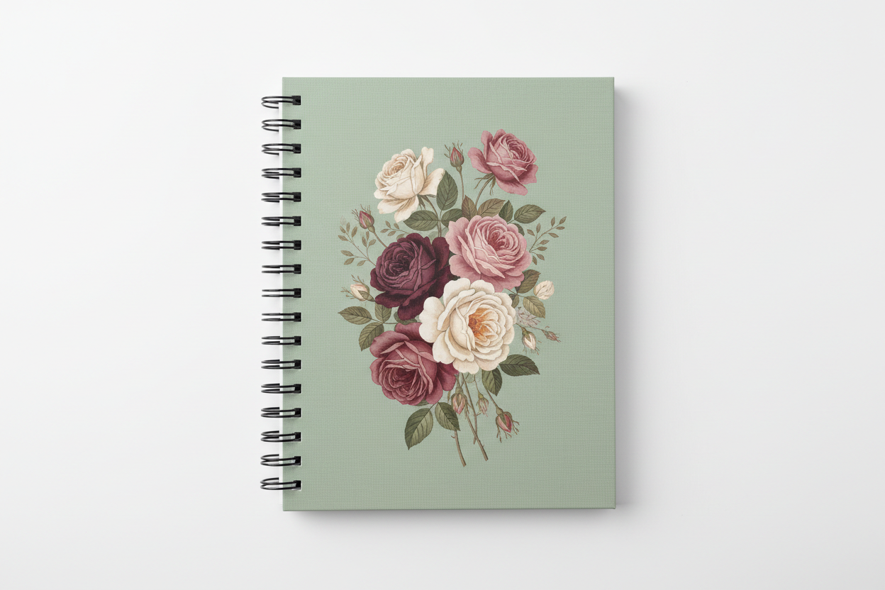 Vintage Rose Paperback Spiral Journal – studio shot showing closed journal with spiral binding and cover art on white background
