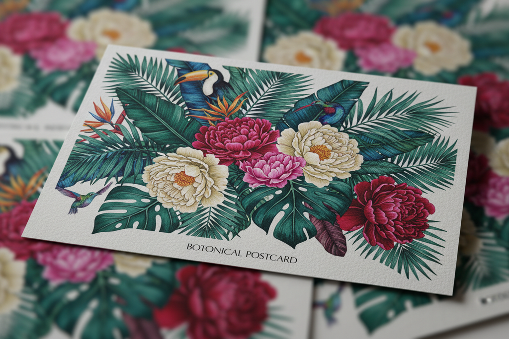 Close-up detail of a single botanical art postcard showing the textured matte card stock surface and saturated botanical illustration