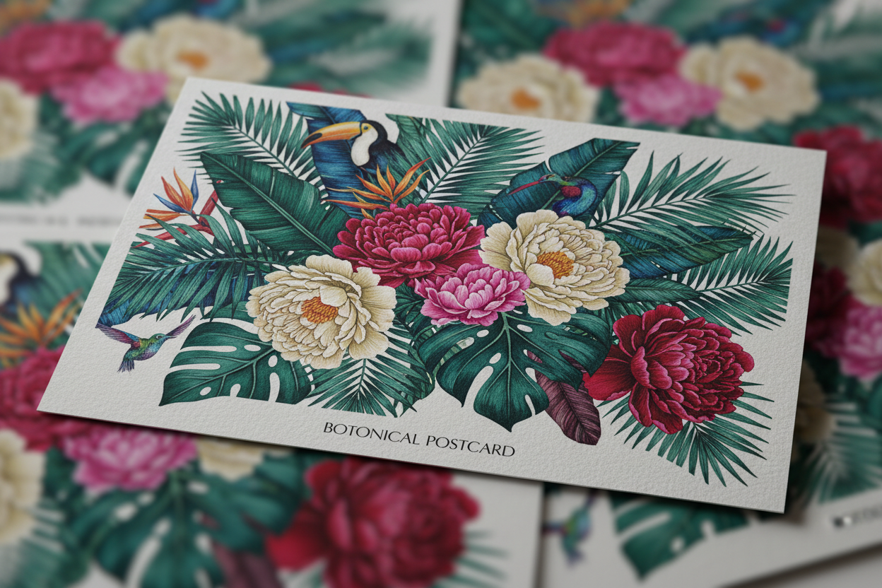 Close-up detail of a single botanical art postcard showing the textured matte card stock surface and saturated botanical illustration
