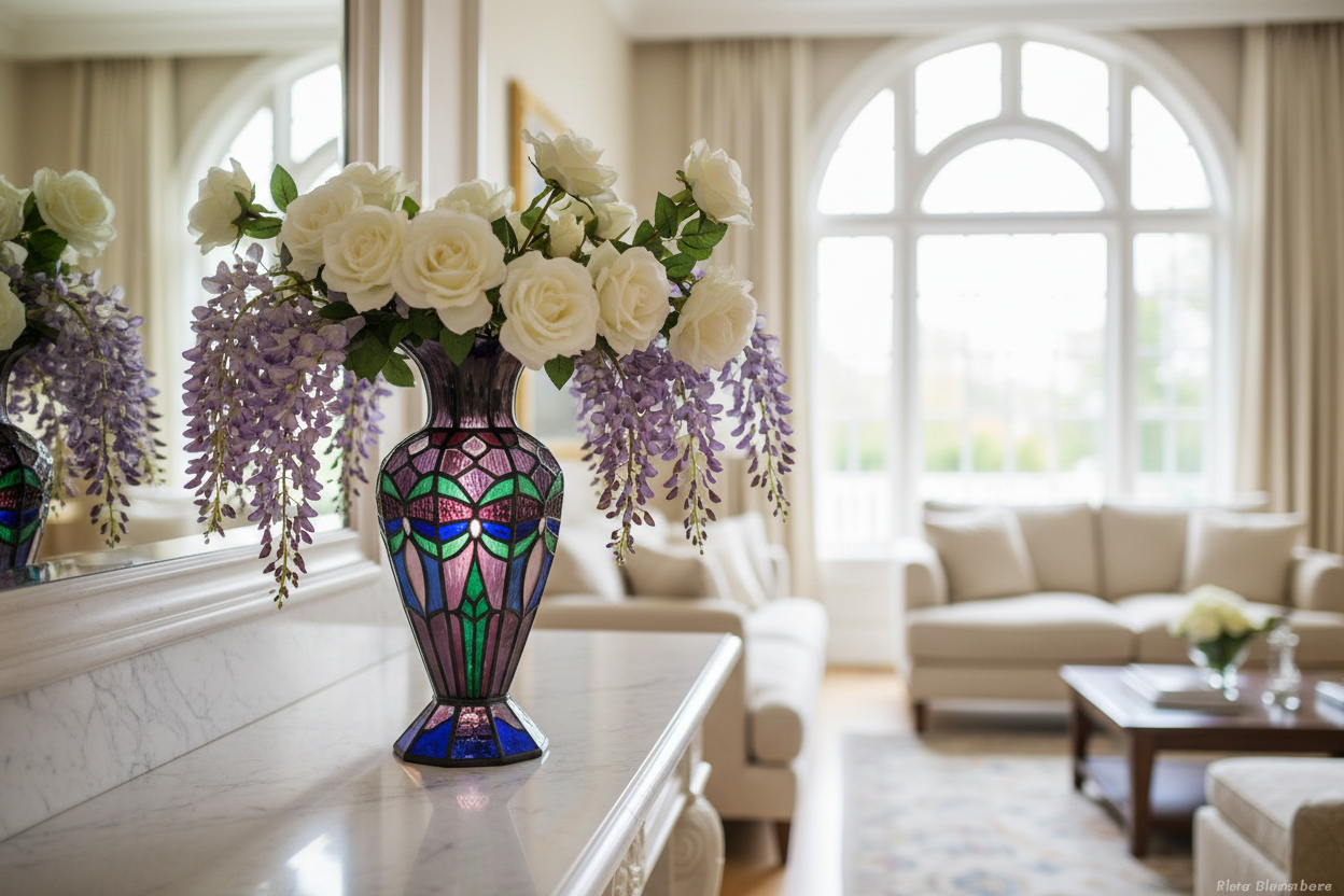 Tiffany Garden Glass Vase on a marble fireplace mantel holding white garden roses and fresh wisteria glowing with transmitted natural daylight