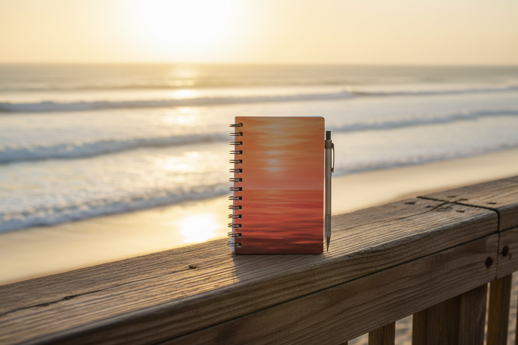 Golden Hour Notebook propped open on a weathered boardwalk railing at golden hour with a mechanical pencil and blurred ocean waves in the background