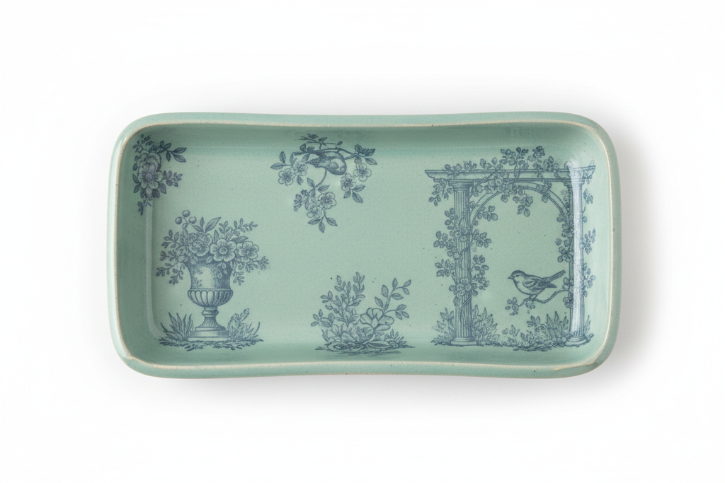 Toile du Jardin Artisan Slab Desk Tray – overhead studio shot displaying the full toile garden scene illustration across the tray base