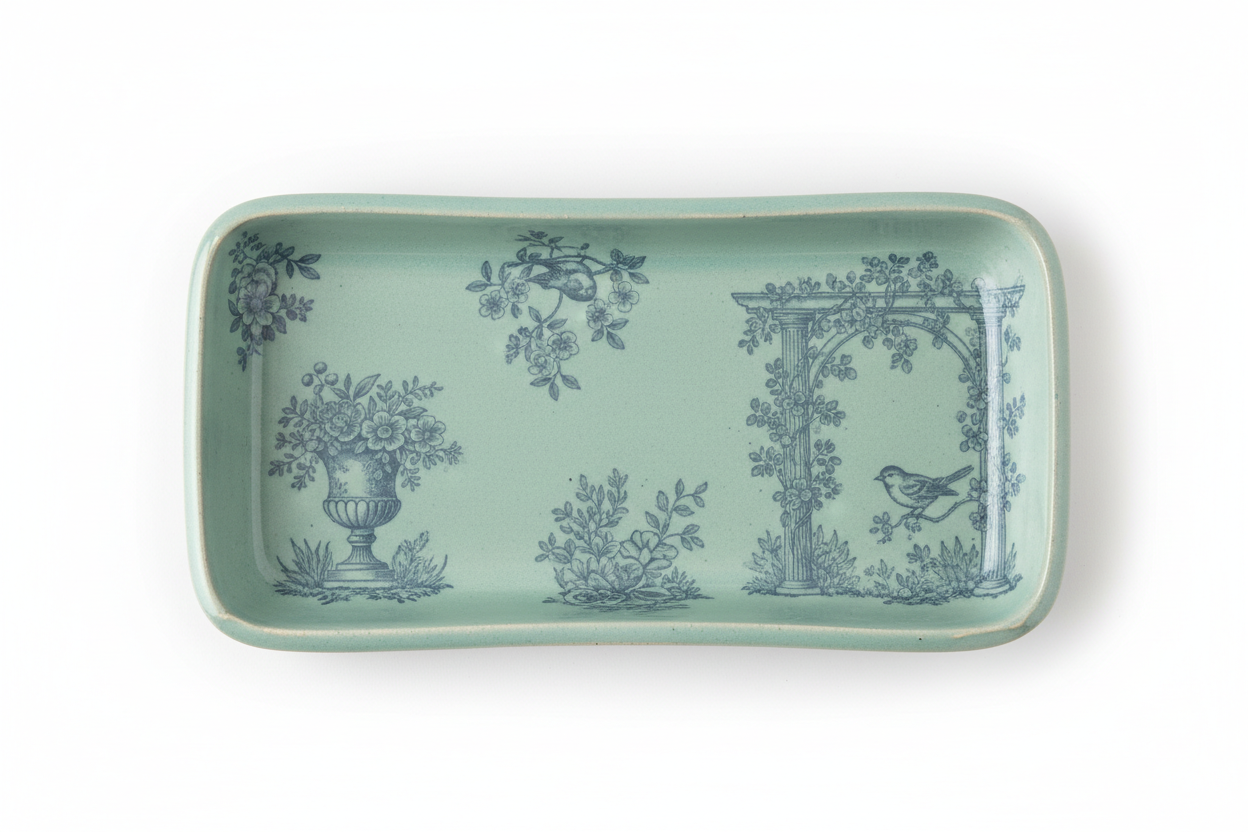 Toile du Jardin Artisan Slab Desk Tray – overhead studio shot displaying the full toile garden scene illustration across the tray base