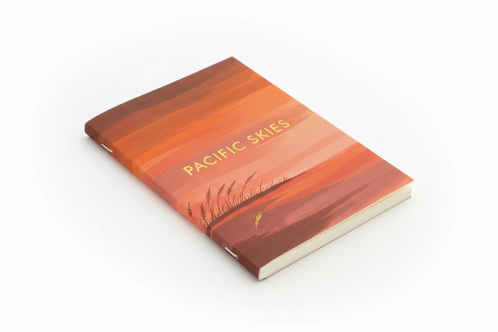 Golden Hour Saddle Stitch Notebook – studio shot showing front cover and exposed saddle-stitch spine on white background