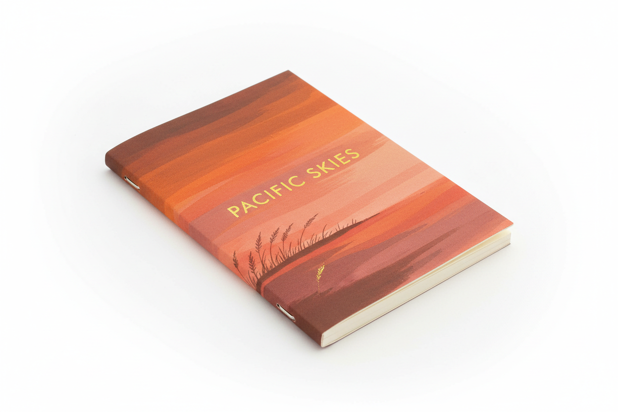 Golden Hour Saddle Stitch Notebook – studio shot showing front cover and exposed saddle-stitch spine on white background