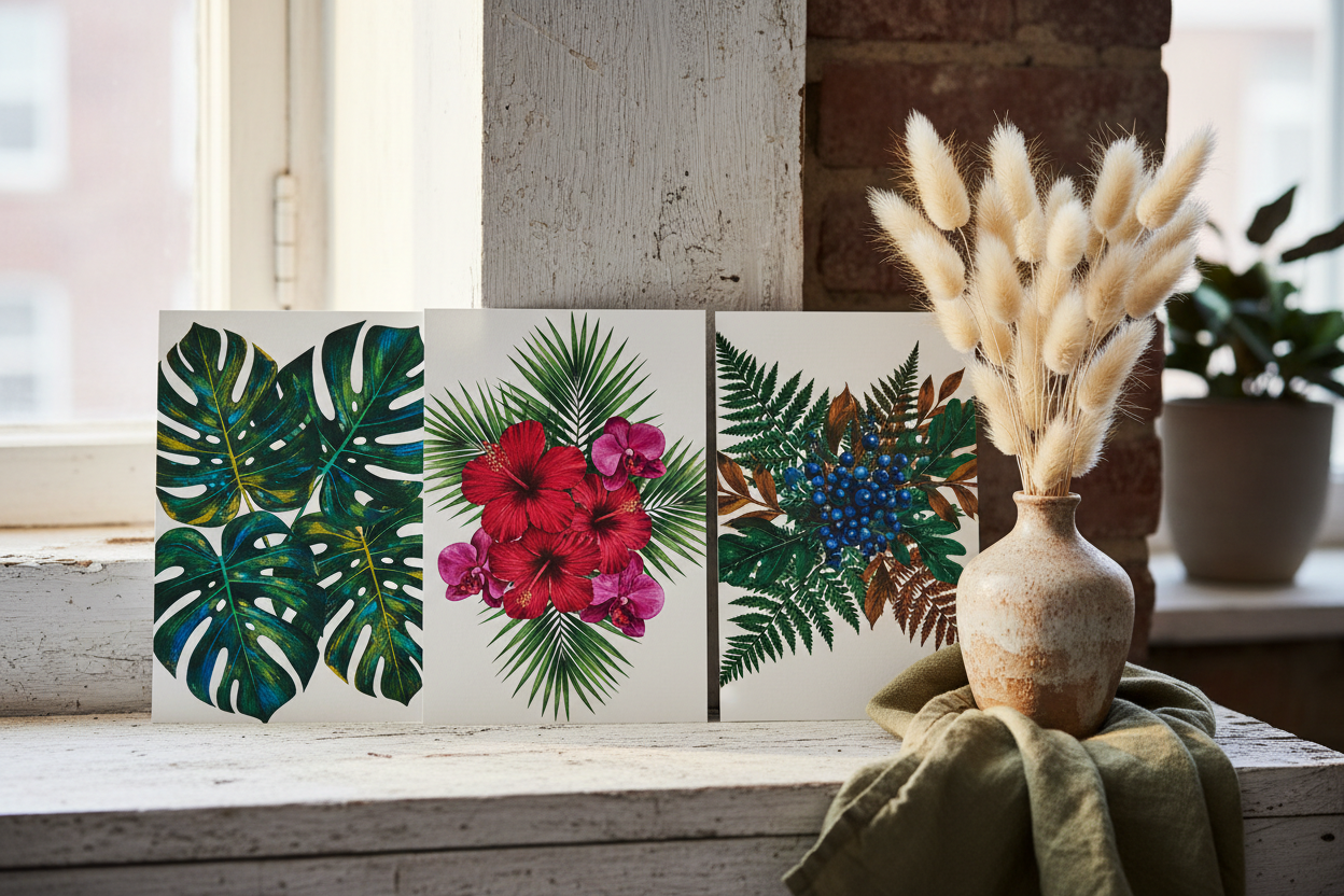 Three botanical art postcards propped against a weathered whitewashed wood shelf beside a ceramic vase of dried pampas grass and a linen napkin