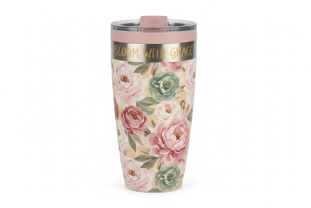 Morning Ritual Insulated Travel Tumbler – studio shot showing full tumbler with twist-lock lid and floral pattern on white background
