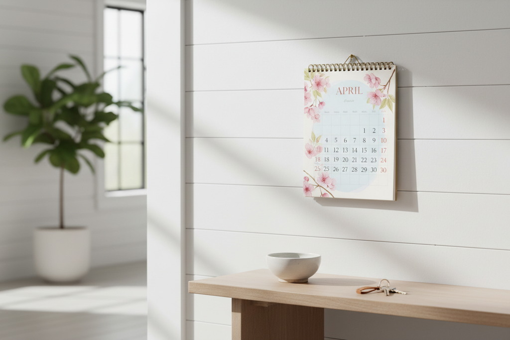 Perpetual Bloom Birthday Calendar pinned to a white shiplap wall in a bright home entryway above a console table, open to the April cherry blossom page
