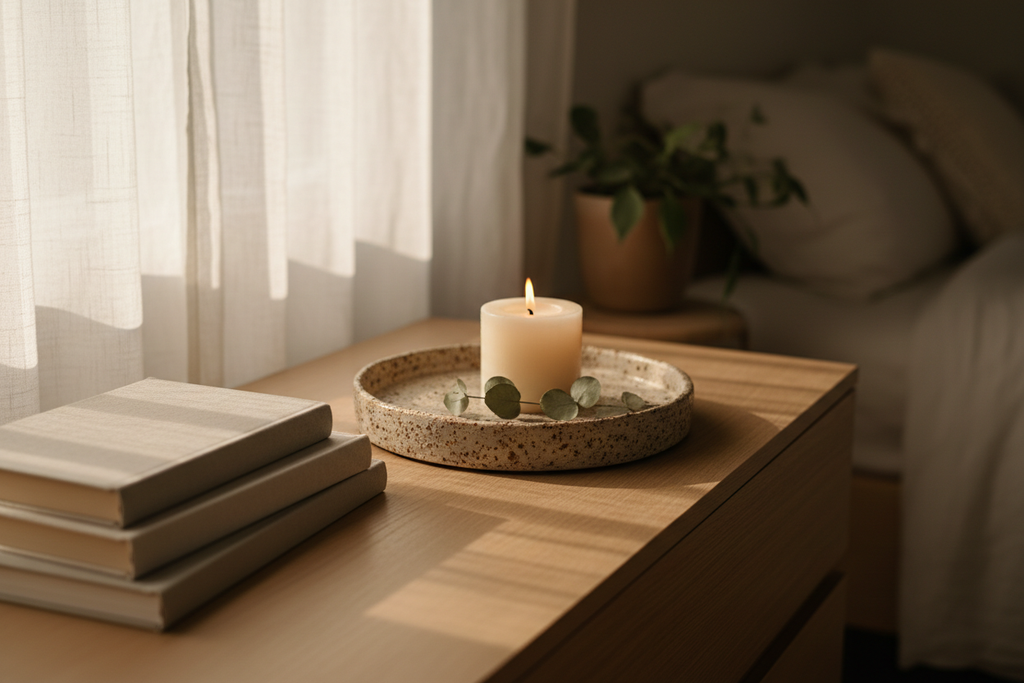 Artisan Round Tray styled on a bedroom dresser top with a lit pillar candle, dried eucalyptus, and a stack of linen books in soft morning light