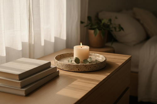 Artisan Round Tray styled on a bedroom dresser top with a lit pillar candle, dried eucalyptus, and a stack of linen books in soft morning light