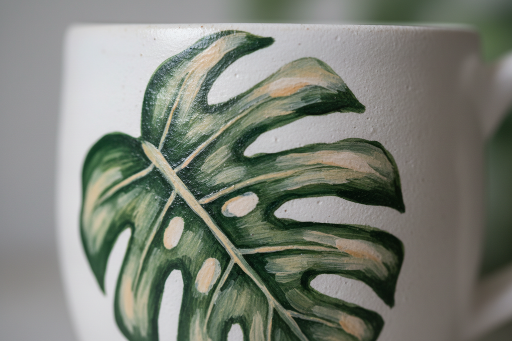 Close-up detail of hand-painted monstera leaf brushwork on mug exterior showing layered green pigment and artisan brushstroke variation