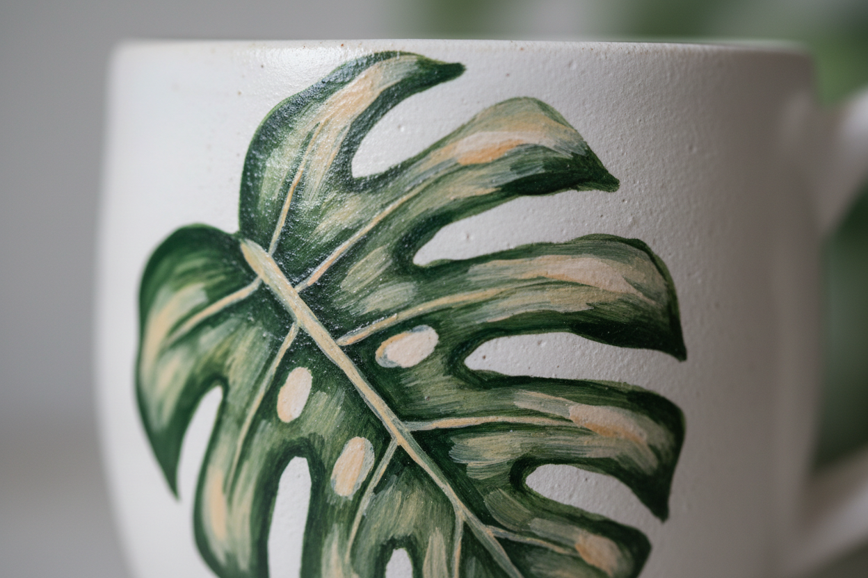 Close-up detail of hand-painted monstera leaf brushwork on mug exterior showing layered green pigment and artisan brushstroke variation