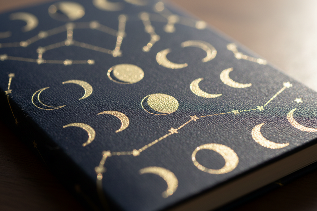 Close-up detail of gold constellation linework and moon phase illustration on the notepad cover sheet