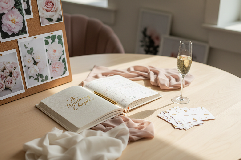 Botanica Luxe Event Planner open flat across a wedding planning session table surrounded by fabric swatches, flower mood board, champagne, and a Fringe Studio notecard set