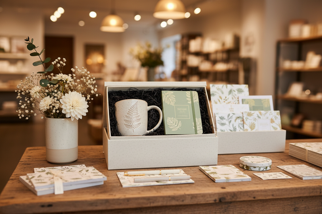 The Studio Gift Set gift box half-opened on a gift shop display table surrounded by Fringe Studio stationery items and a botanical arrangement under warm boutique spotlights